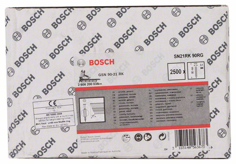 Ein Bosch-Paket mit Modellnummer 'GSN 90-21 RK'. Enthält technische Details und Symbole zu Normen und Sicherheitszertifikaten.