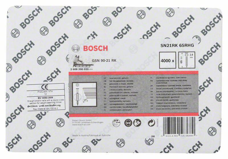 Etikett eines Bosch-Produkts mit Modellnummern und technischen Details, wie Leistung 4000 W und Herstellungsland Österreich.