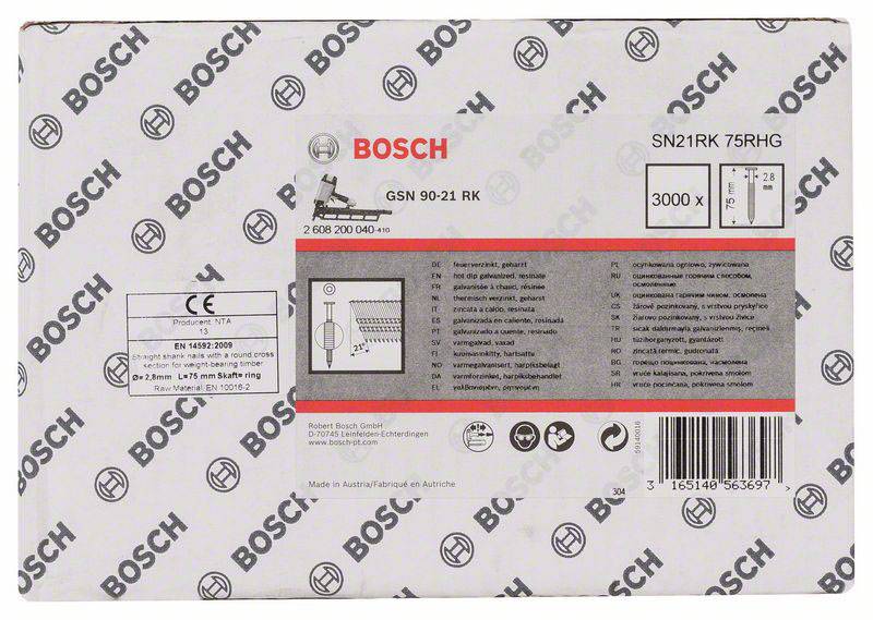 Verpackung einer Bosch-Nagelpistole, Modell GSN 90-21 RK, mit Sicherheitsinformationen, Herstelleradresse und Bild eines Nagels.