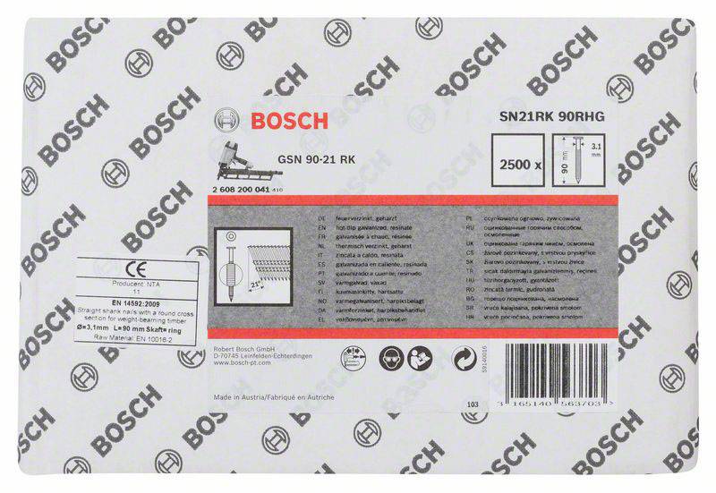 Verpackung einer Bosch Spülmaschine mit der Modellnummer SN21RK 90RH, Produktmaßen 2500 x 21, Energieetikett und CE-Kennzeichnung.