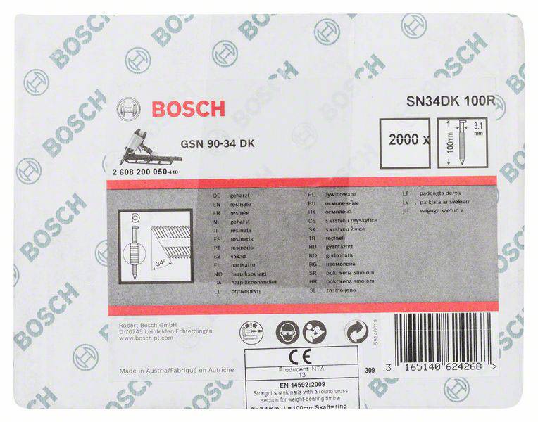 Etikett auf Werkzeugverpackung mit Bosch-Logo, Produkttyp 'GSN 90-34 DK', Spezifikationen und Herstellungsland Österreich.