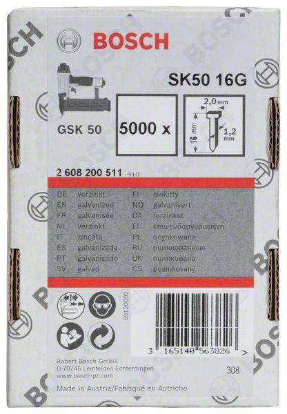 Verpackung für Bosch SK50 16G Nägel. Zeigt einen Nagler und Nageltypen. Enthält Code 'GSK 50', Menge '5000 x', Größeninformationen und Kontaktadresse.