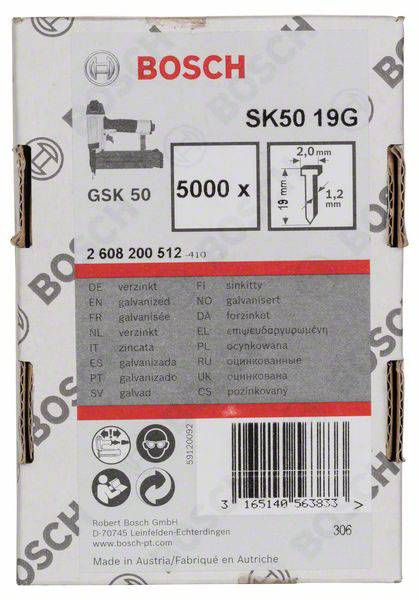 Verpackung von Bosch Stahlstiften SK50 19G, GSK 50, 5000 Stück. Maße: 2,0 mm dick, 1,2 mm groß.