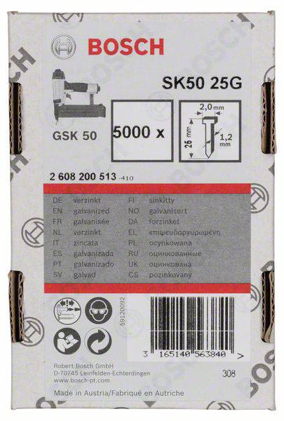 Verpackung von Bosch SK50 25G Nägeln, 5000 Stück, 2,0 mm Dicke, 50 mm Länge. Mehrsprachige Beschriftung für 'verzinkt'.