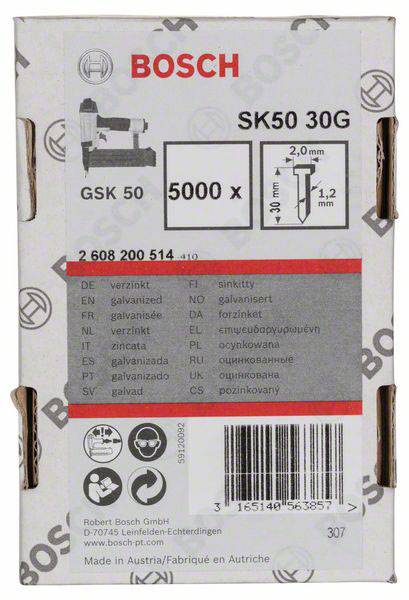 'Bosch SK50 30G': Verpackung von galvanisierten Nägeln, 5000 Stück, mit Maßen 1,2 mm x 30 mm. Produktnummer 2 608 200 514.