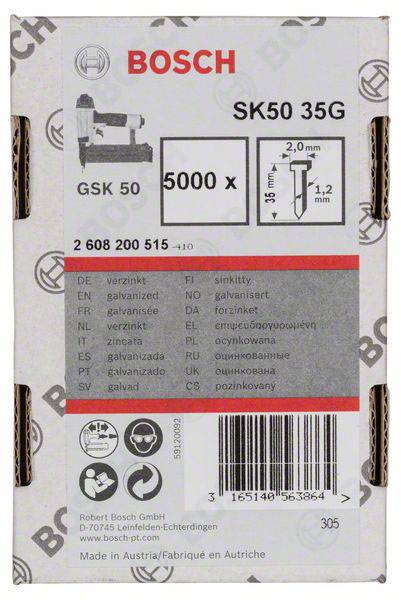 'Bosch SK50 35G' Karton für Nägel, Modell GSK 50. Inhalte: 5000 Nägel, Abmessungen 35 mm Länge, 2 mm Kopf- und 1,2 mm Schaftdurchmesser.
