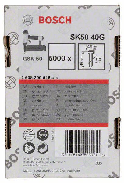 Eine Verpackung von Bosch SK50 40G mit 5000 Nägeln, jeweils 2,0 x 1,2 mm. Text in verschiedenen Sprachen und Barcode sichtbar.
