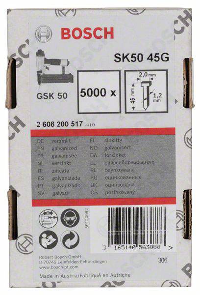 'BOSCH SK50 45G' Packung mit 5000 Nägeln: Maße 2,0 x 1,2 mm. Liste galvanisierter Übersetzungen in mehreren Sprachen.