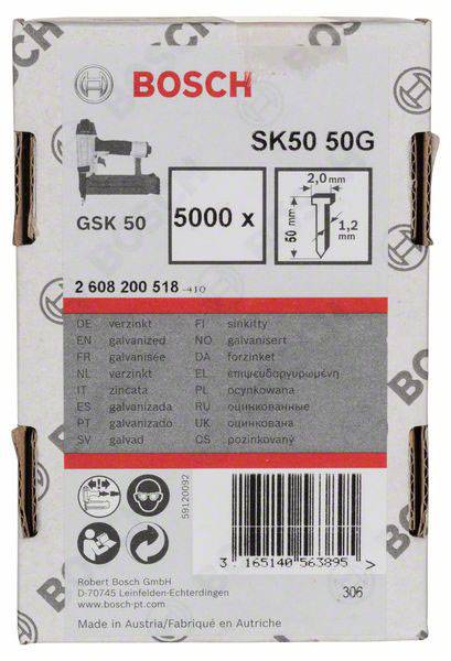 Kartonschachtel mit Bosch-Logo, zeigt Typ und Anzahl der Nägel ('GSK 50', '5000x'), Herstellerangaben unten.