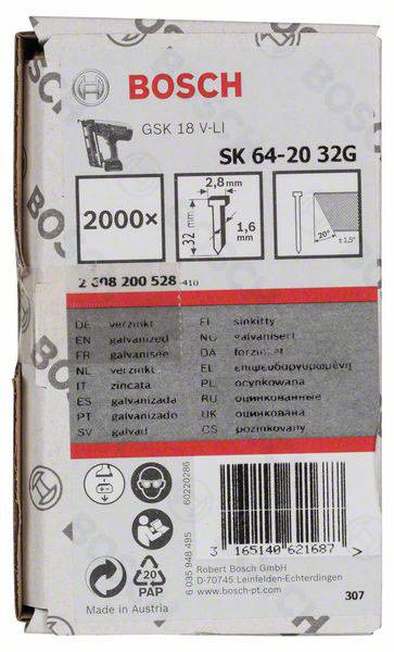 Verpackung von Bosch Nägeln, Typ SK 64-20 32G, 2000 Stück, für GSK 18 V-LI Nagelpistole. Produziert in Österreich.