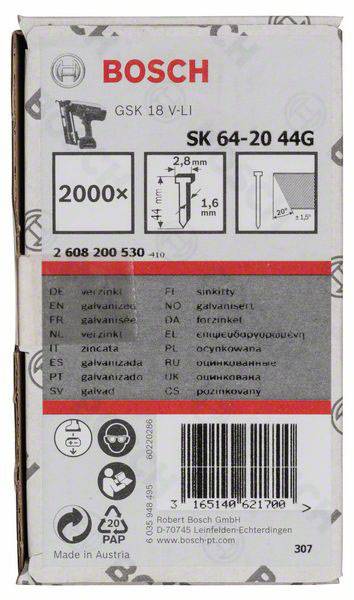 Eine Bosch-Verpackung mit 2000 Nägeln, Modell SK 64-20 44G, Länge 2,8 mm. Hergestellt in Österreich. Enthält Details zur Kompatibilität.