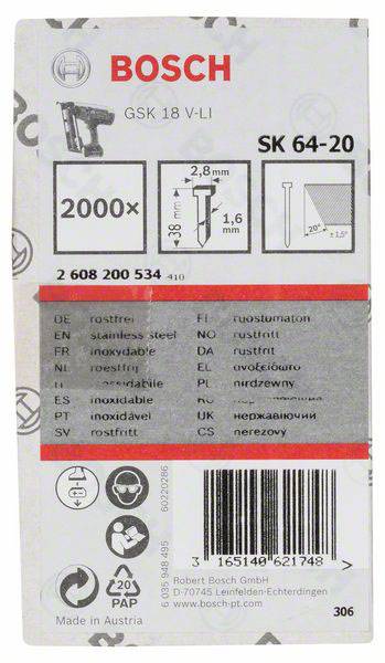 Bosch SK 64-20 Nägel für GSK 18 V-LI, 2000 Stück, Maße: 38 mm Länge, 2,8 mm Breite, 1,6 mm Höhe. Oberflächenmerkmale in mehreren Sprachen.