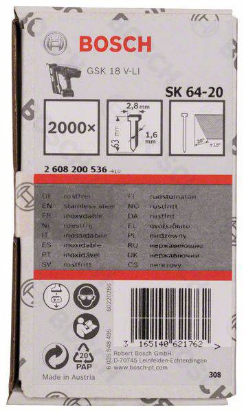 Bosch Nagelpistole GSK 18 V-LI, SK 64-20 Nägel: 2000x, 2,8mm, 1,6mm. Hergestellt in Österreich. Kontaktangaben: Robert Bosch GmbH.