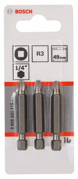 Drei Bosch Schrauberbits der Größe R3, 49 mm lang, auf einer Verpackung. Geeignet für 1/4 Zoll Sechskantaufnahmen.