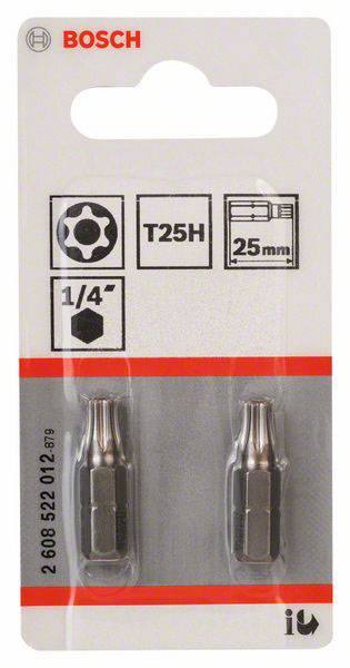 Zwei Torx-Schrauberbits T25H von Bosch, 25 mm Länge, passend für 1/4 Zoll Aufnahmen. Verpackung zeigt Produktinformationen.