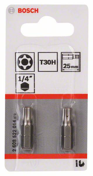 Zwei Torx-Schrauberbits der Größe T30H, 25 mm lang, verpackt in Blisterverpackung, Marke Bosch, kompatibel mit 1/4-Zoll-Werkzeugen.