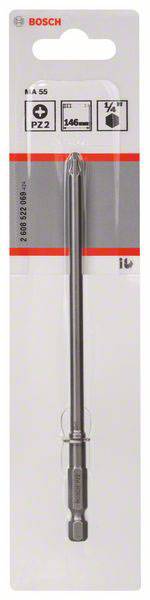 Verpackung eines Bosch Schrauberbits. Kennzeichnung: Typ PZ2, Länge 146 mm, Sechskantschaft 1/4 Zoll. Enthält Produktinformationen.