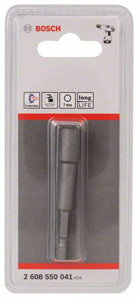 Verpackung eines Bosch Magnet-Bit-Halters, Größe 7 mm, mit Schutz- und langer Lebensdauer-Icons, Artikelnummer 2 608 550 041.