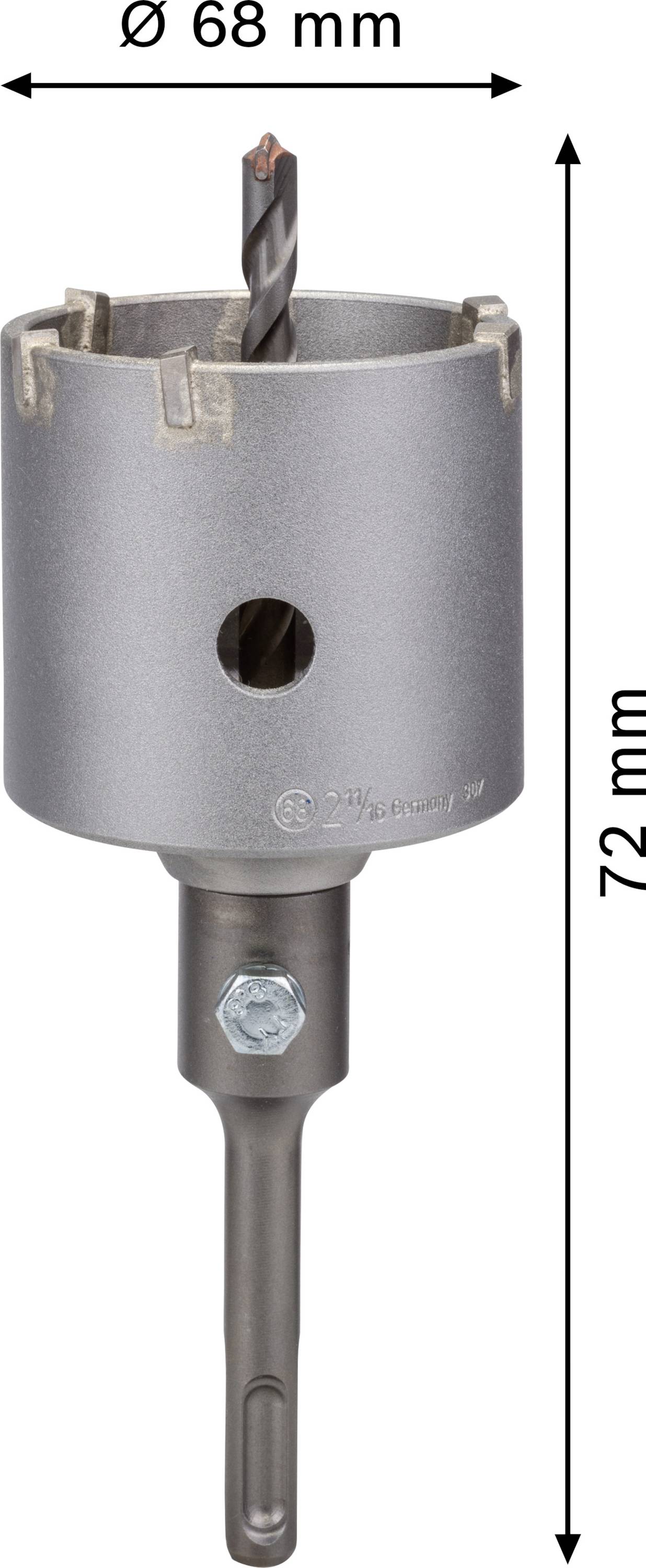 Grau-metallener Lochsägenbohrer mit Ø 68 mm und einer Länge von 72 mm, geeignet für präzise Bohrungen in dickes Material.