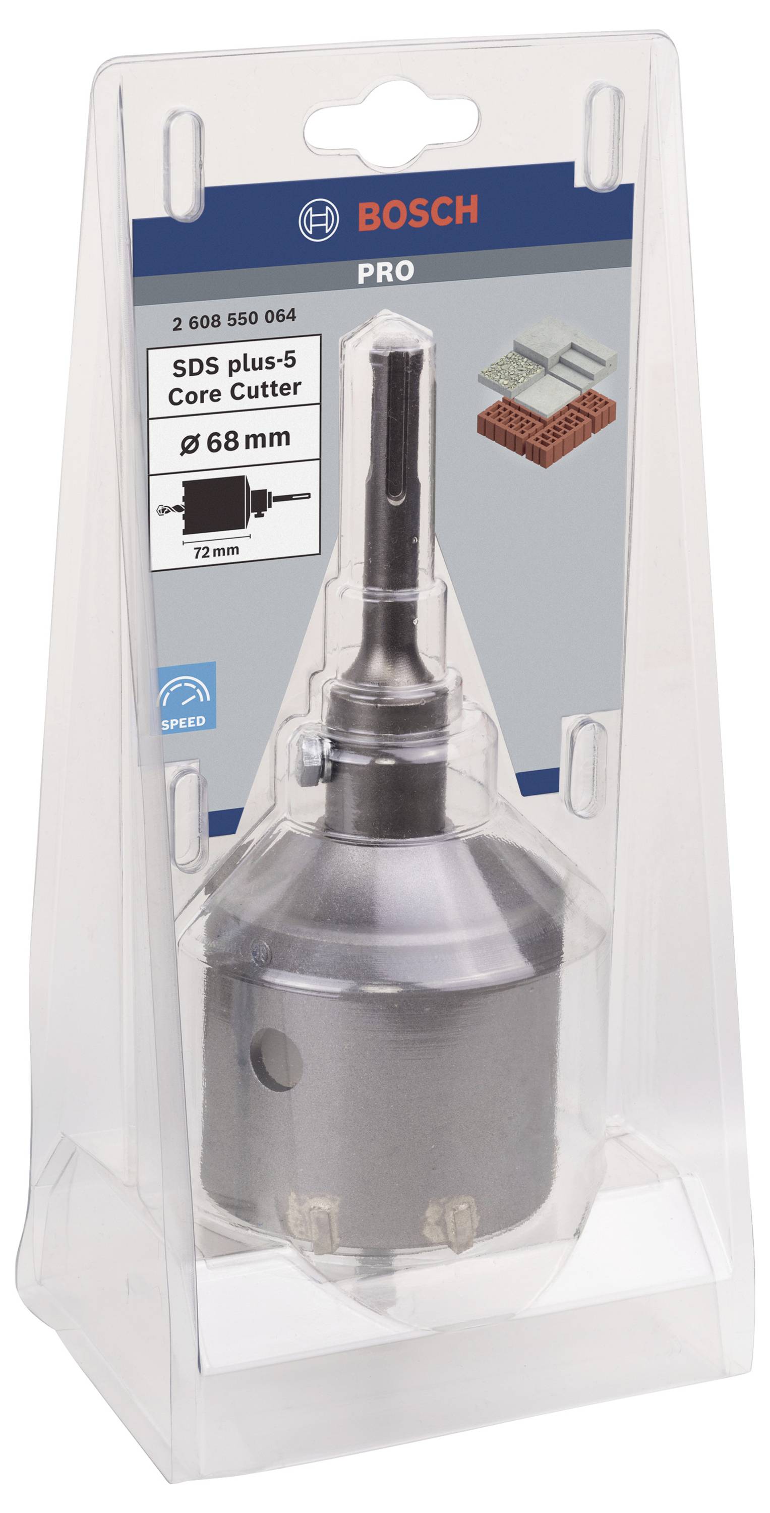 SDS plus-5 Kernbohrer von Bosch, Ø 68 mm, für Beton und Ziegel; in transparenter Verpackung mit Produktdetails auf dem Etikett.