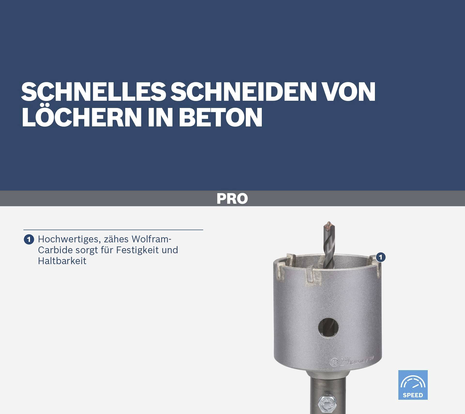 'Schnelles Schneiden von Löchern in Beton. Hochwertiges, zähes Wolfram-Carbide sorgt für Festigkeit und Haltbarkeit.' Bohrer abgebildet.