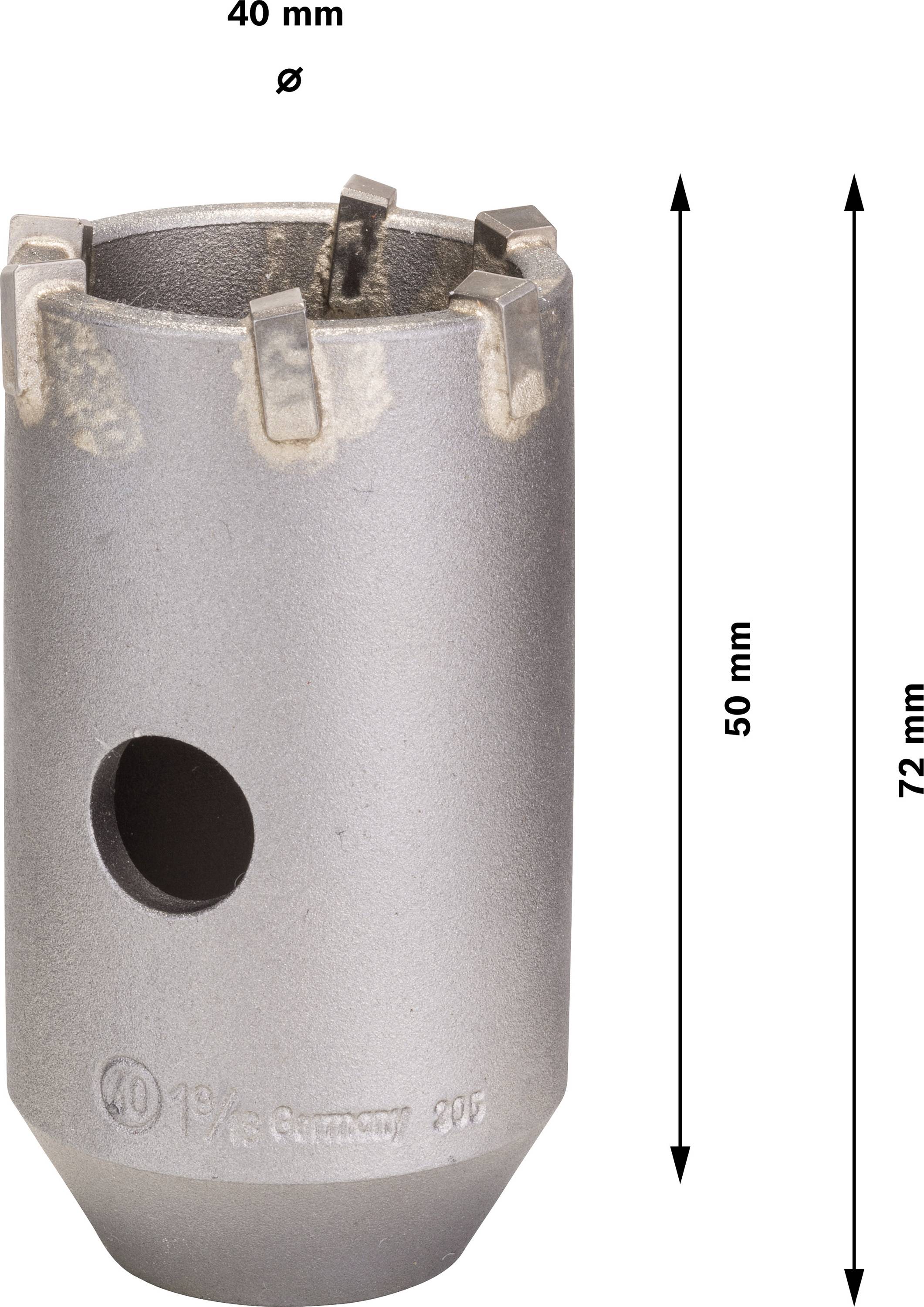 Bimetall-Lochsäge, Durchmesser 40 mm, Höhe 72 mm, Schnitttiefe 50 mm, geeignet für Metallbohrungen, mit seitlichen Öffnungen.