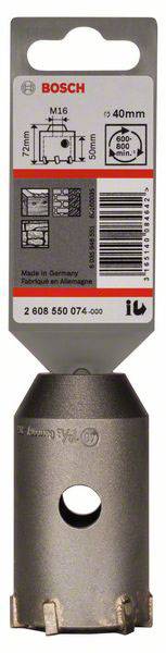 'Bosch Hohlbohrkrone Ø 40 mm', M16, Länge 55 mm. Darstellung von Maßen und Anwendung auf Verpackung. Ideal für Betonbohrungen.