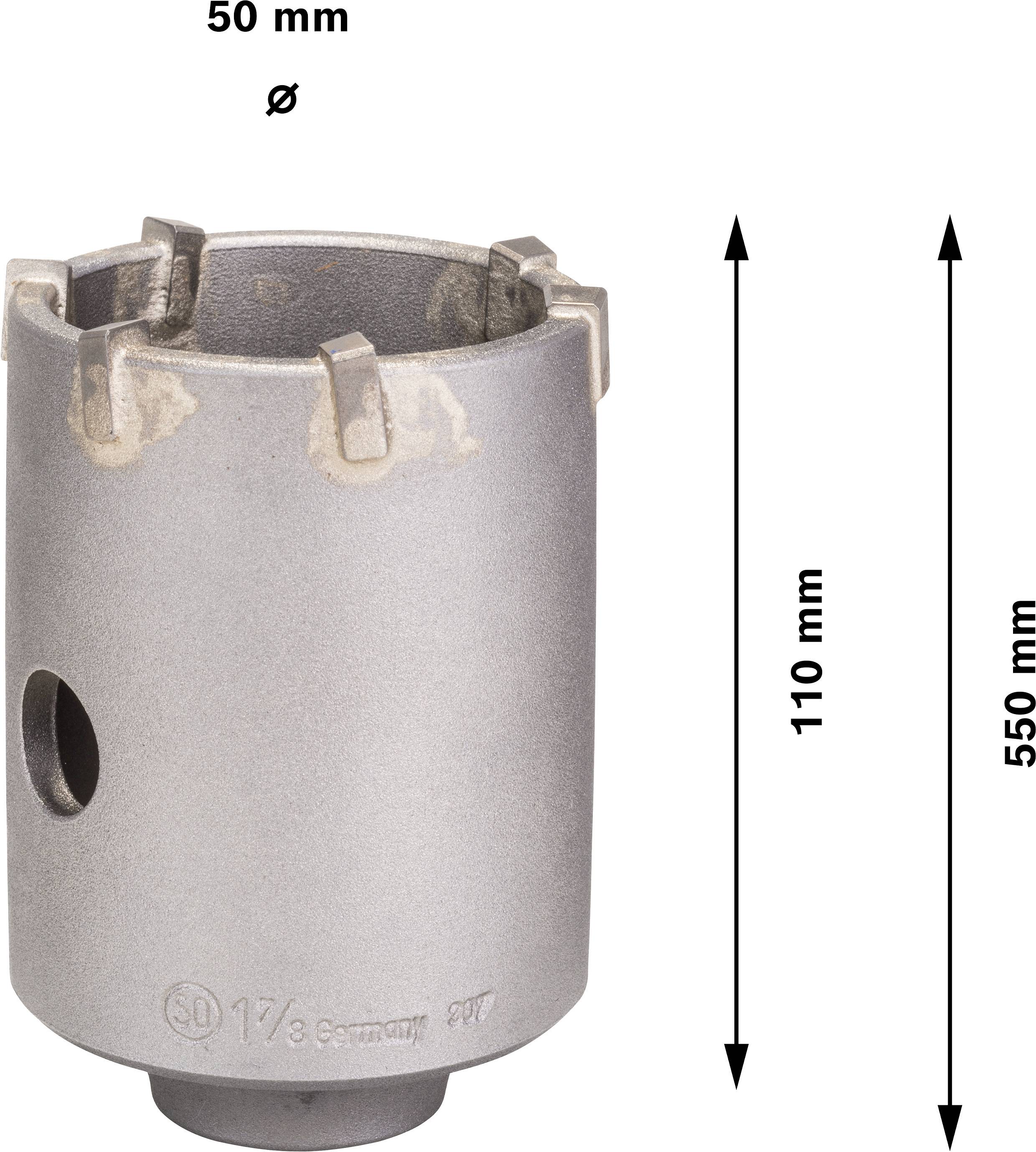 Zylindrisches Metallwerkzeug mit drei scharfen Zähnen oben, einem seitlichen Loch, und Abmessungen: Durchmesser 50 mm, Höhe 110 mm.