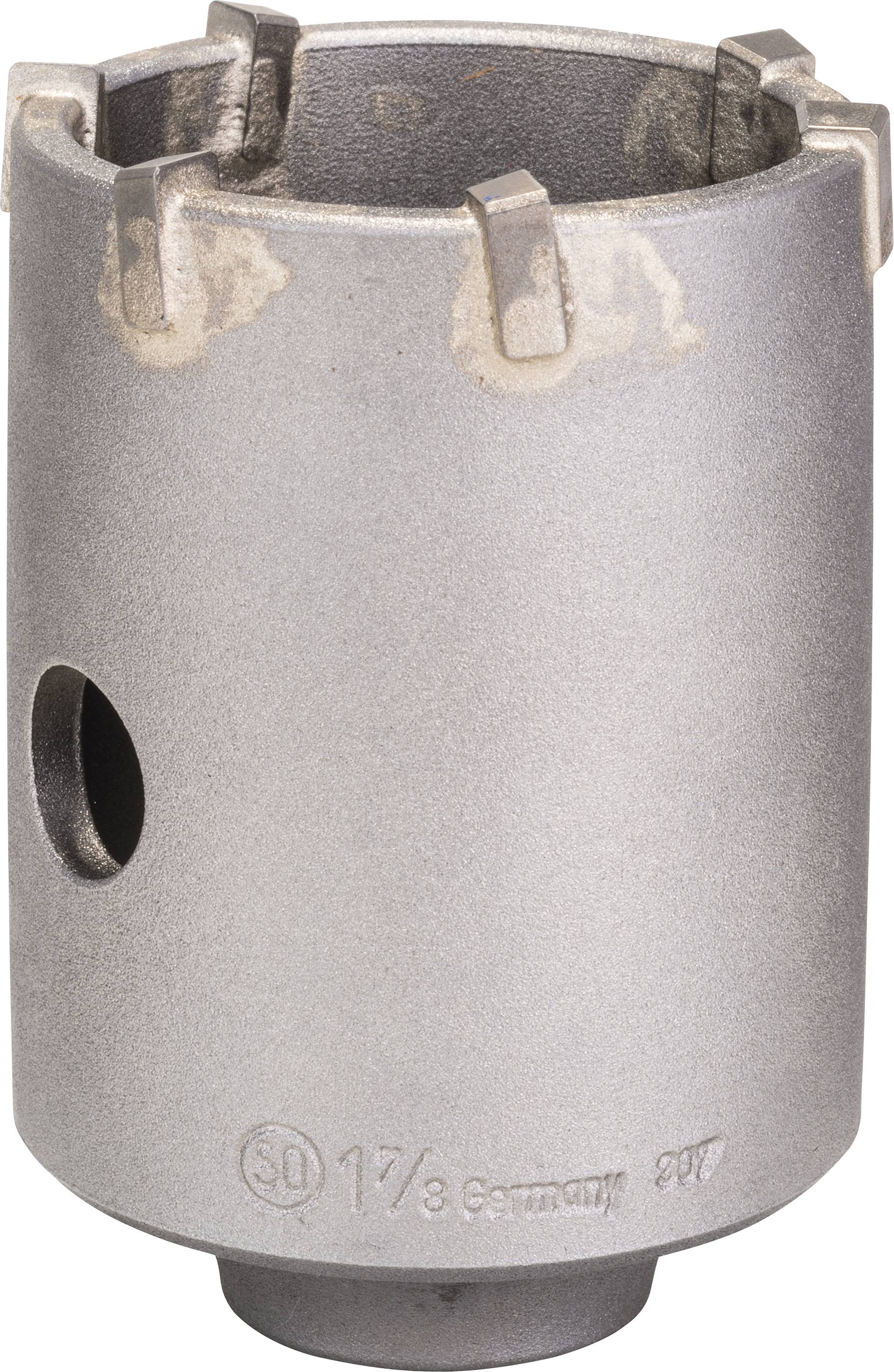 Metall-Bohrkrone mit sechs Schneidzähnen, zylindrischer Körper und seitlicher Öffnung, verwendet zum Bohren in harten Materialien.