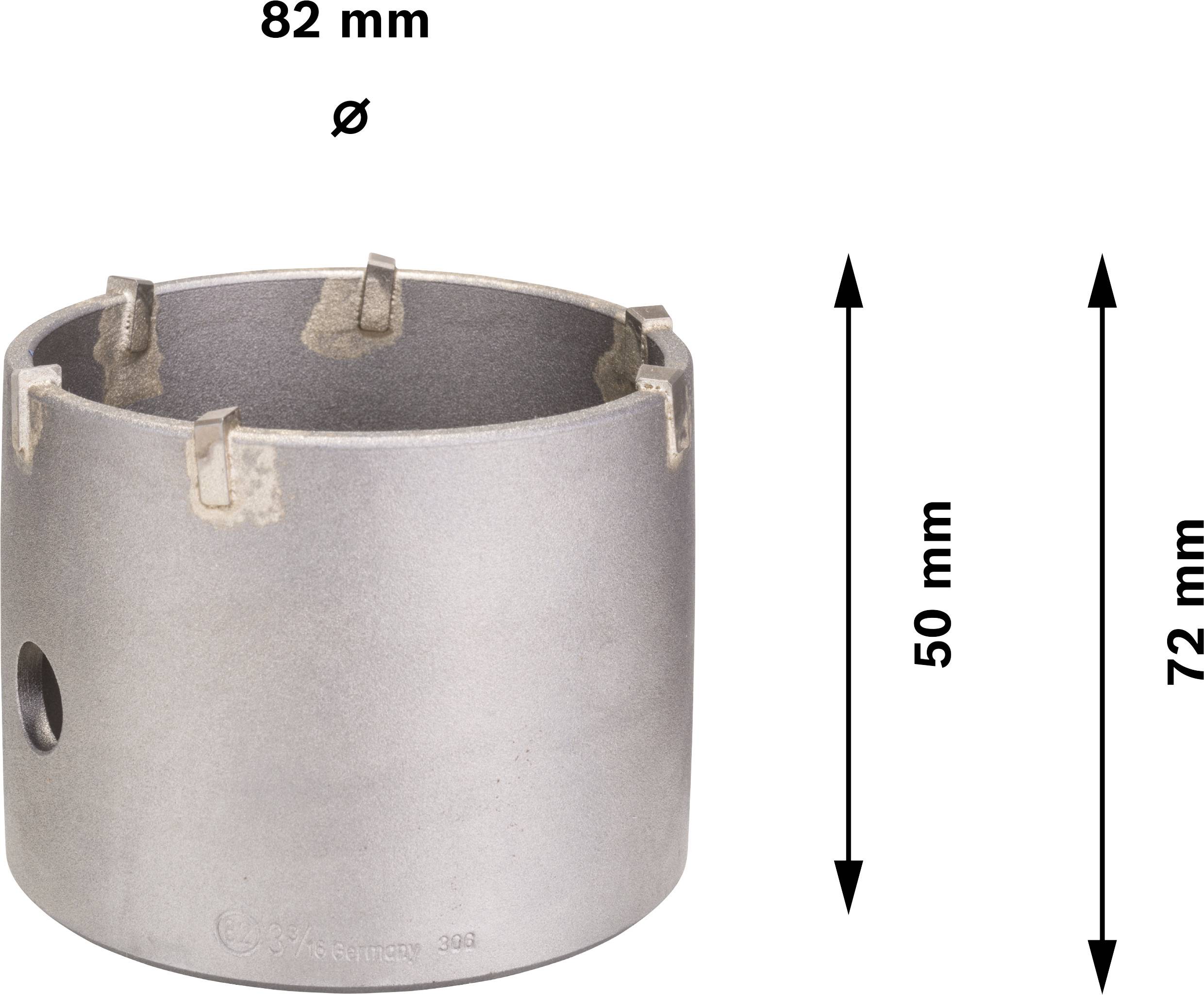 Bohrkrone mit einem Durchmesser von 82 mm und einer Höhe von 72 mm. Einsetzen kann man sie für Bohrungen bis 50 mm Tiefe.