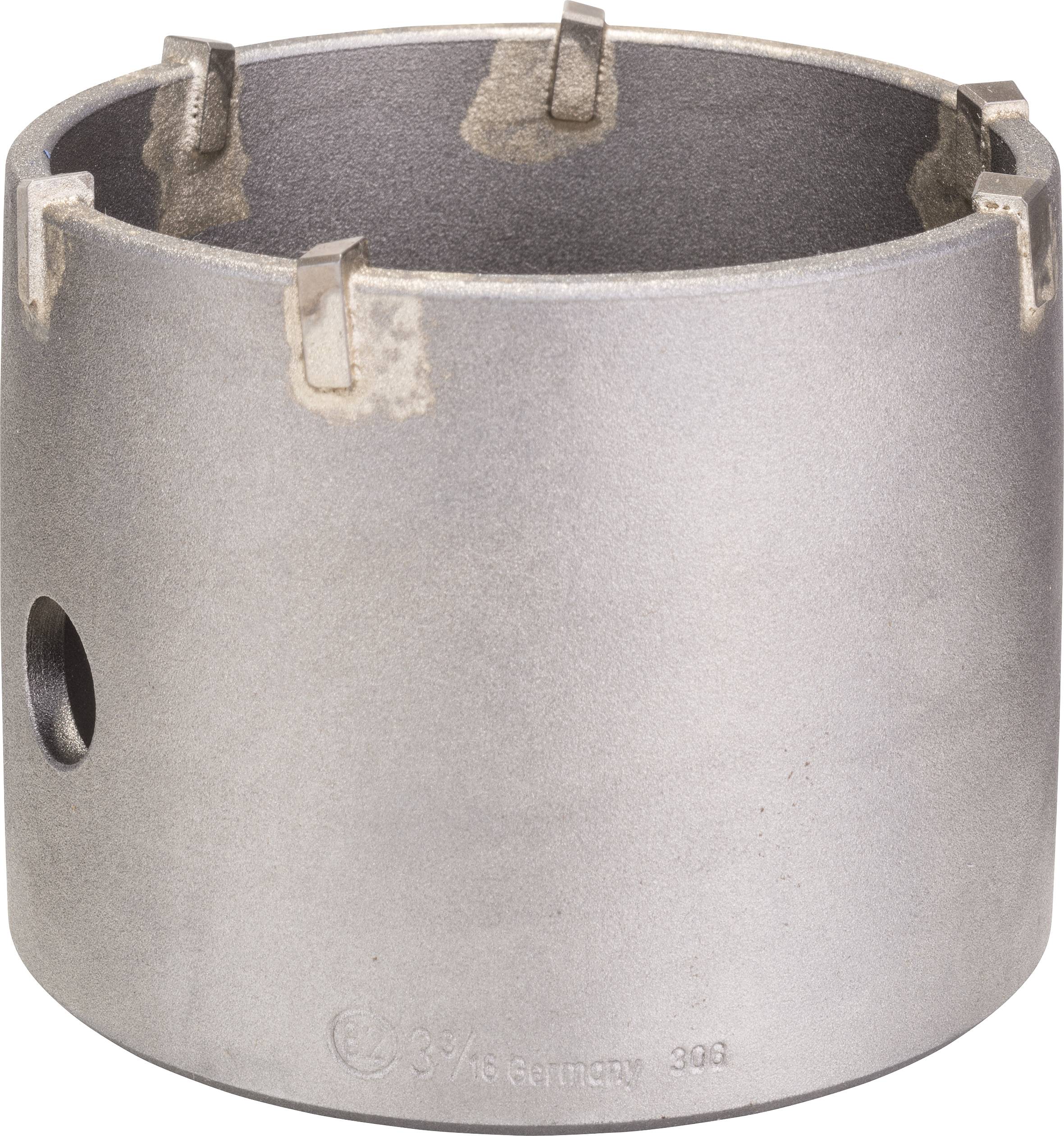 Metall-Bohrkrone mit mehreren Hartmetallzähnen am oberen Rand, verwendet zum Bohren großer Löcher in Wände oder andere harte Materialien.