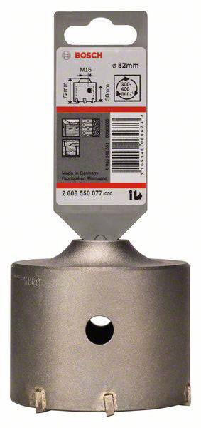 Grau-schwarze Bohrkrone von Bosch mit Etikett, 82 mm Durchmesser. Etikett zeigt Beschreibung und technischen Details.