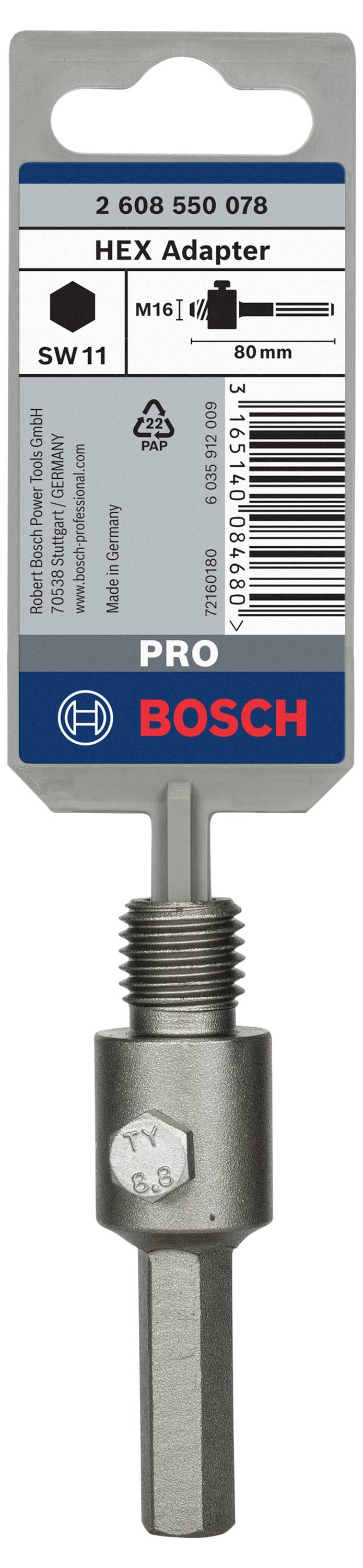 Verpackung eines Bosch HEX Adapters: Geeignet für M10 Gewinde, Größe SW11, Länge 60mm. Produktnummer und Barcode abgebildet.