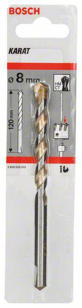 Bosch KARAT Bohrer 8 mm, Länge 120 mm, geeignet für Hohlbohrkronen, Verpackung zeigt Bohrer und Anwendungsanleitung.
