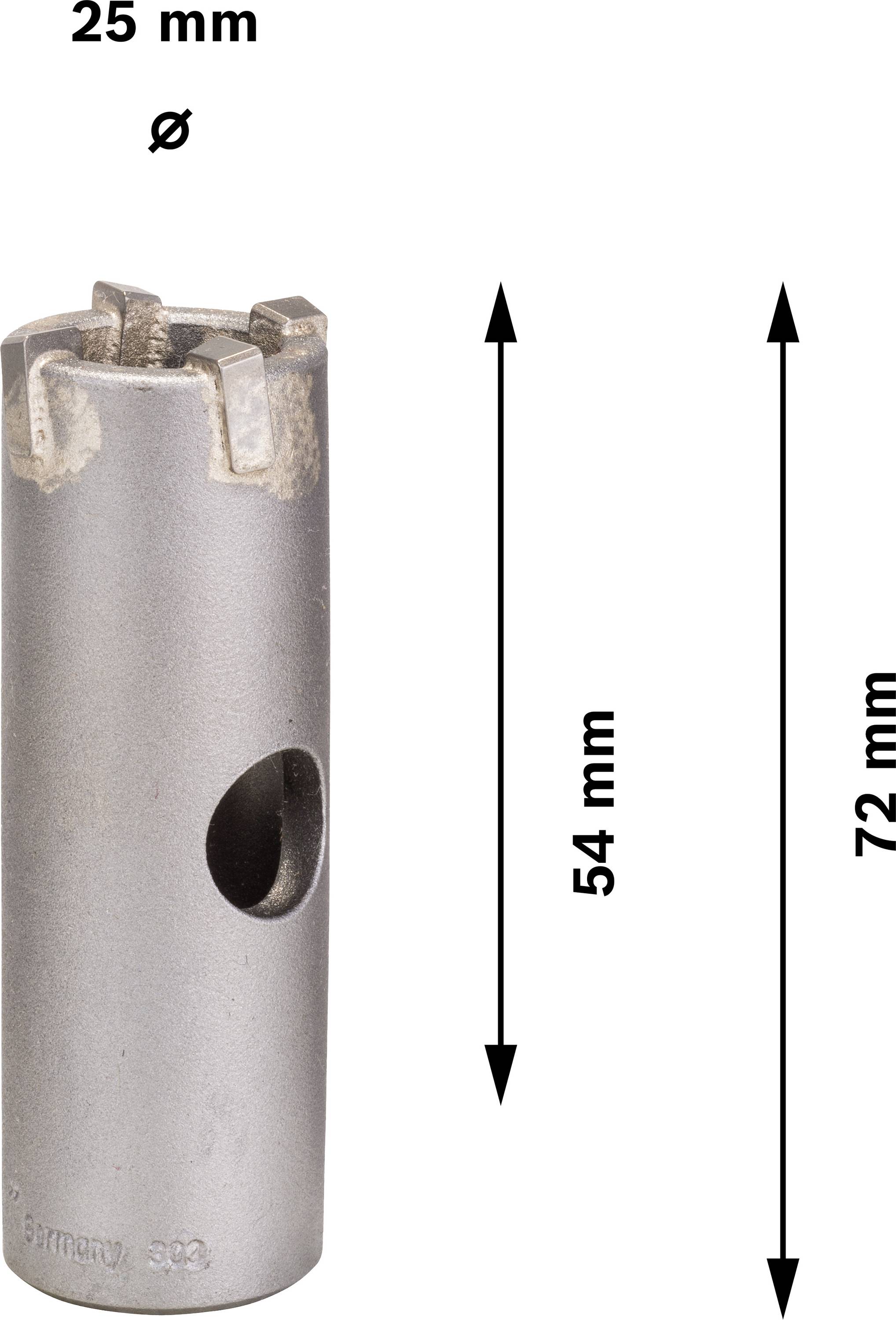 Bohrkrone, Durchmesser 25 mm, Gesamthöhe 72 mm, Arbeitslänge 54 mm.