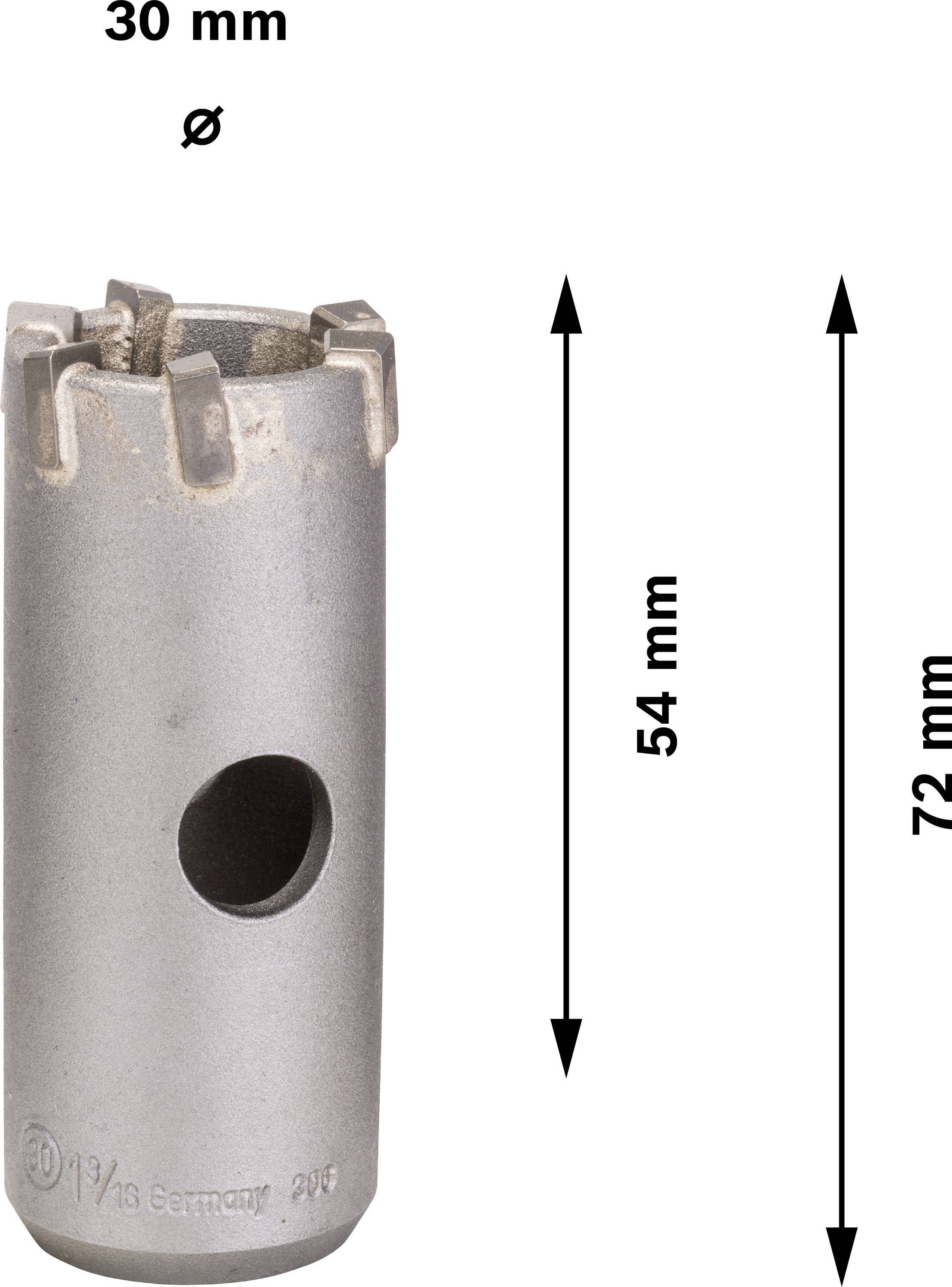 Ein zylindrischer Bohrkopf mit einem Durchmesser von 30 mm, einer Höhe von 54 mm und einer Gesamthöhe von 72 mm ist abgebildet.