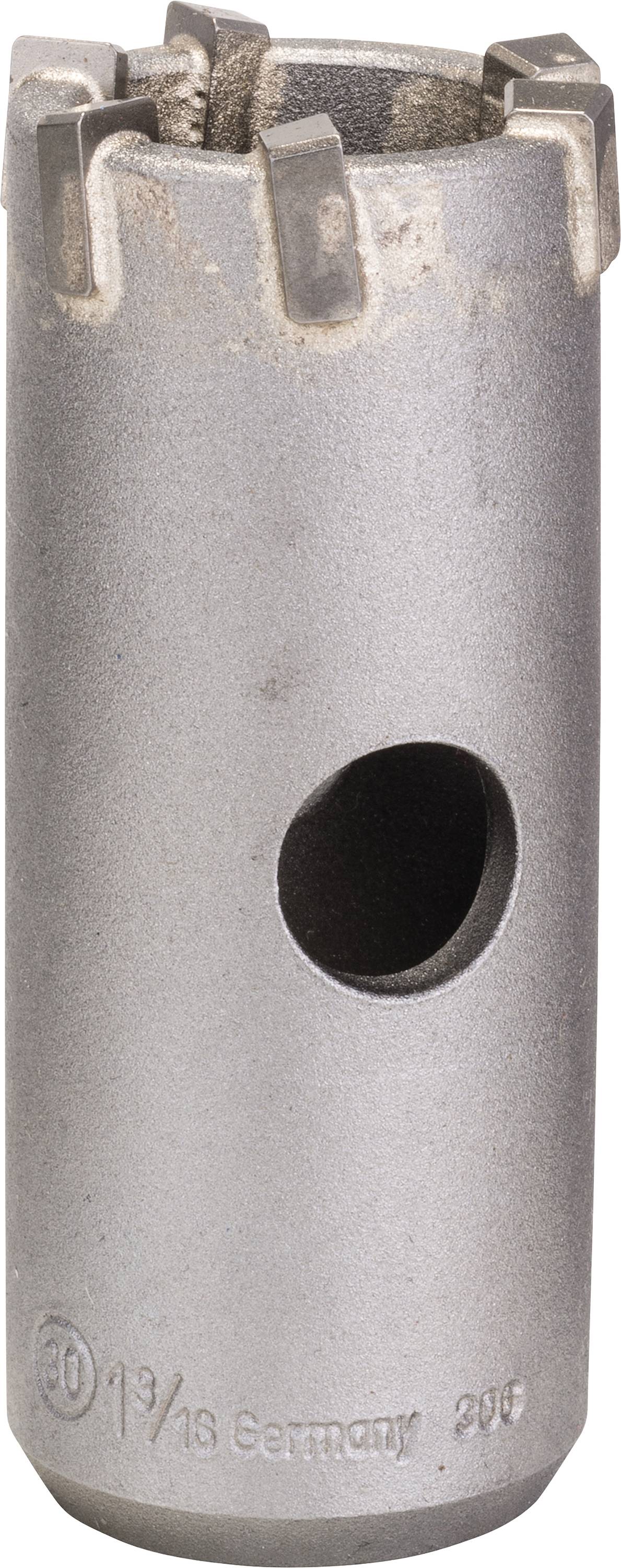 Ein zylindrischer Metallbohrer mit scharfen Zähnen und einer Öffnung an der Seite, geeignet für präzises Bohren in harte Materialien.