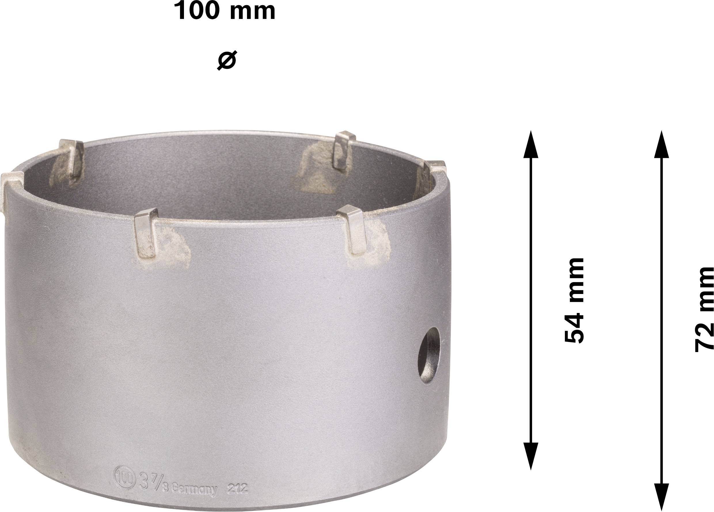 Bohrkrone mit einem Durchmesser von 100 mm und einer Höhe von 72 mm. Die Schnitthöhe beträgt 54 mm.