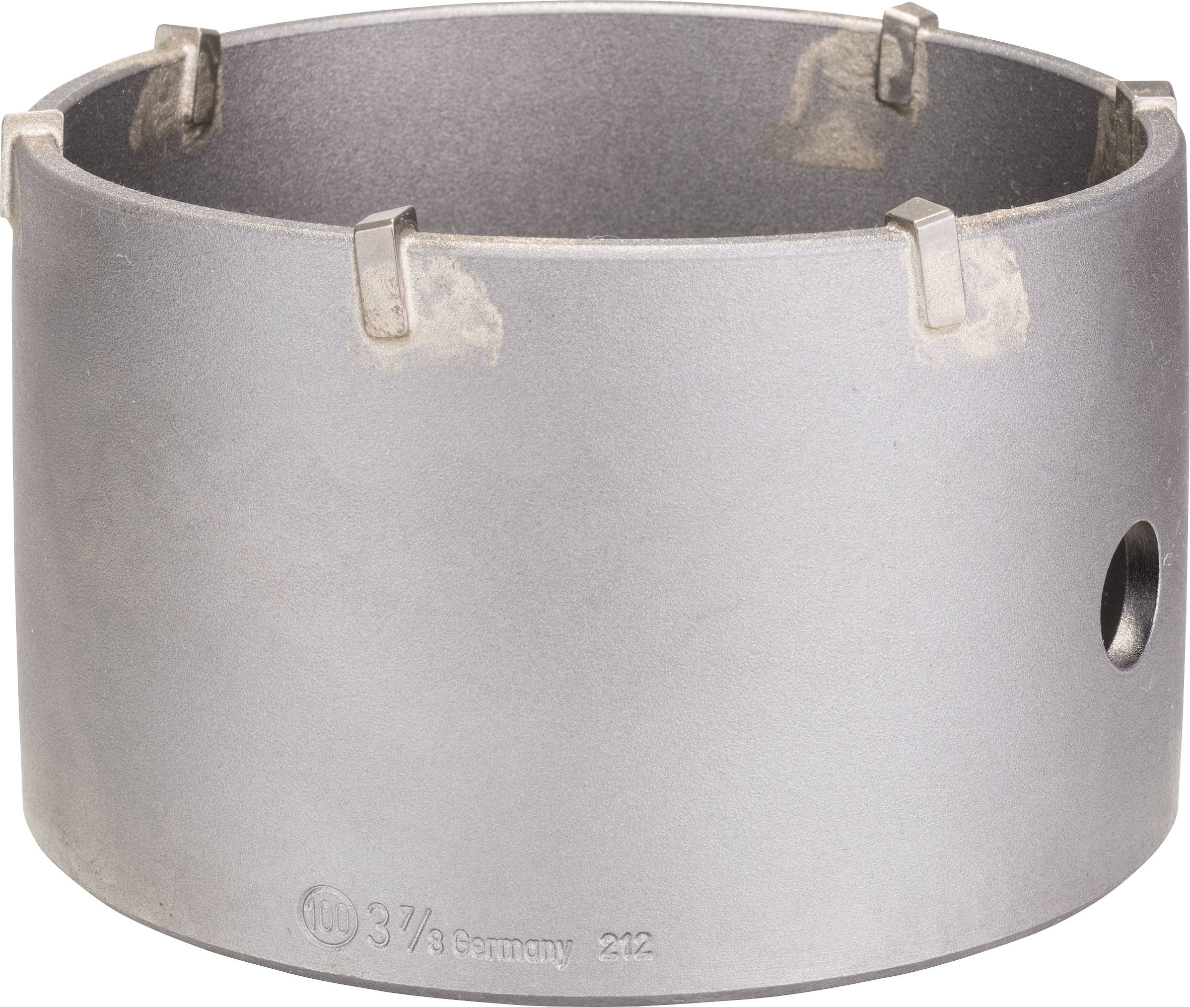 Metall-Bohrkrone mit seitlichem Loch und gezackten Schneidekanten. Geeignet für das Bohren großer, kreisförmiger Löcher in harten Materialien.
