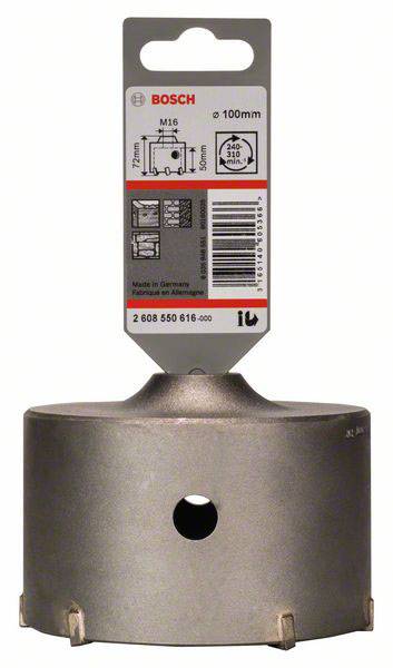 Abbildung eines Bosch Lochsägeblatts mit einem Durchmesser von 100 mm. Zeigt technische Spezifikationen und das Bosch-Logo.