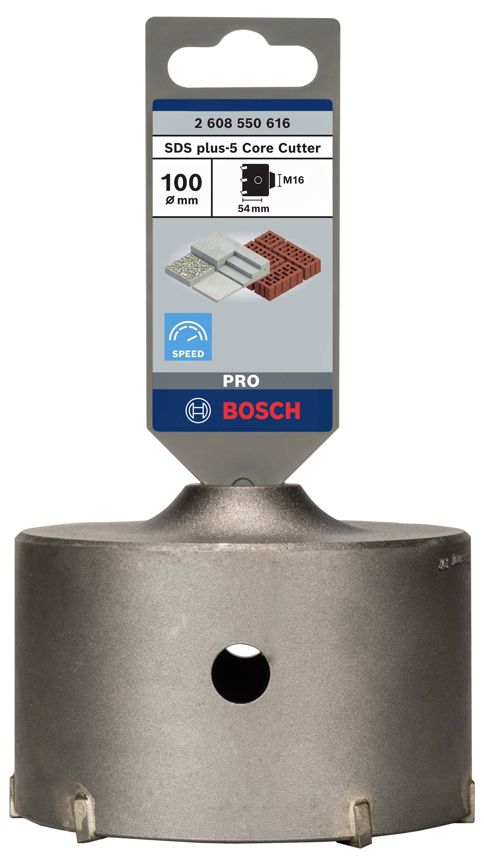SDS plus-5 Bohrkrone von Bosch, geeignet für Ziegel und Beton, Durchmesser 54 mm, Schlaufe für Wandbohrungen, Metallkörper.