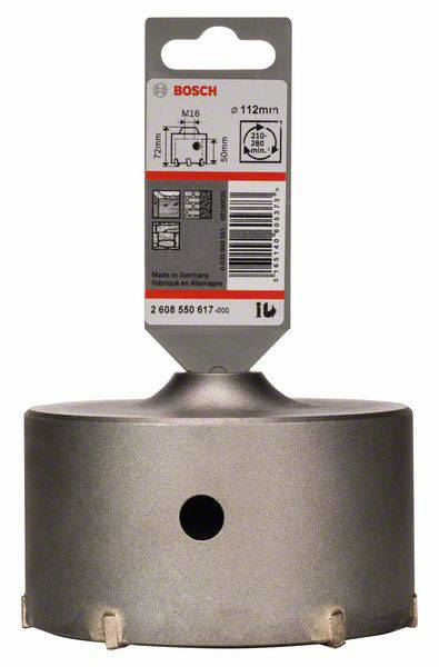 Bohrkrone von Bosch, 112 mm Durchmesser, 90 mm Arbeitstiefe, zum Bohren in Beton und Stein. Verpackung zeigt Anwendungshinweise.