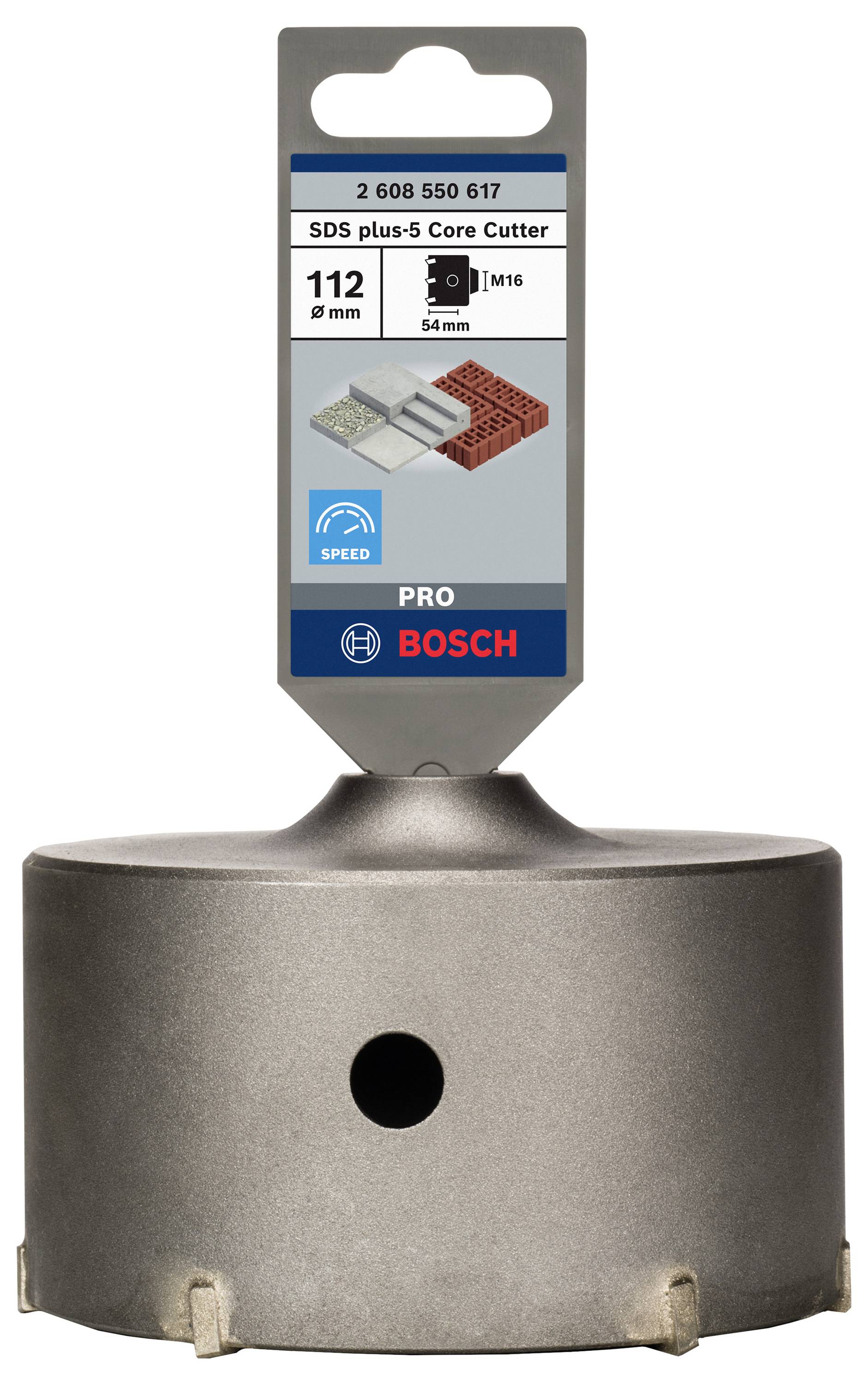 Metall-Bohrkrone von Bosch, geeignet für Beton, Ziegel und ähnliche Materialien, Durchmesser 112 mm, SDS plus-5 Design.