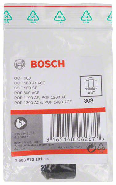 Eine Bosch-Fräsmaschine-Verpackung. Enthält Modellnummern und einen Barcode. Plastikverpackung mit Recycling-Symbolen.