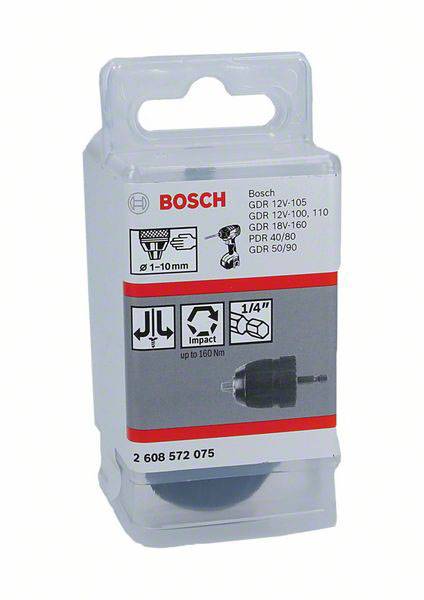 Verpackung eines Bosch Werkzeugs mit technischen Details: Kompatibilität mit verschiedenen Modellen, 1/4-Zoll-Aufsatz, Drehmoment bis 160 Nm.