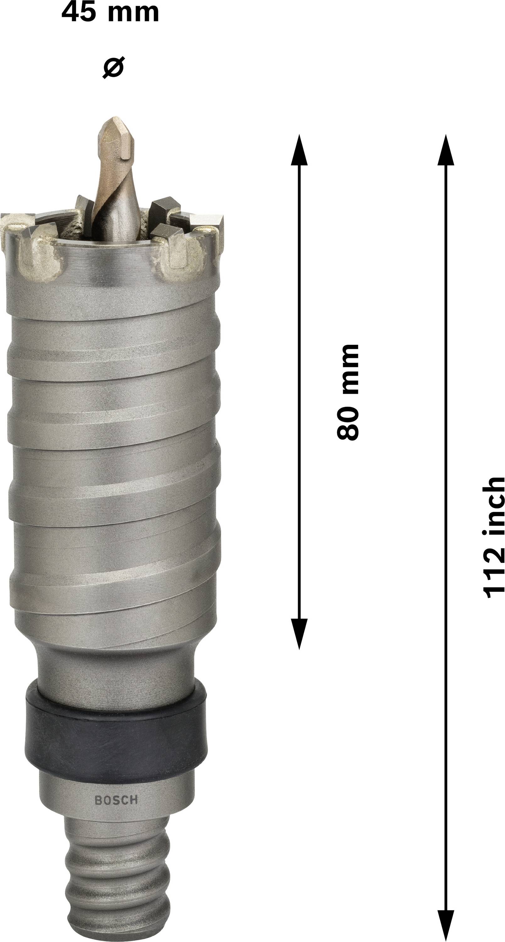 'Masonry Hammerbohrer' mit 45 mm Durchmesser und 80 mm Länge. Pfeile zeigen Maße.
