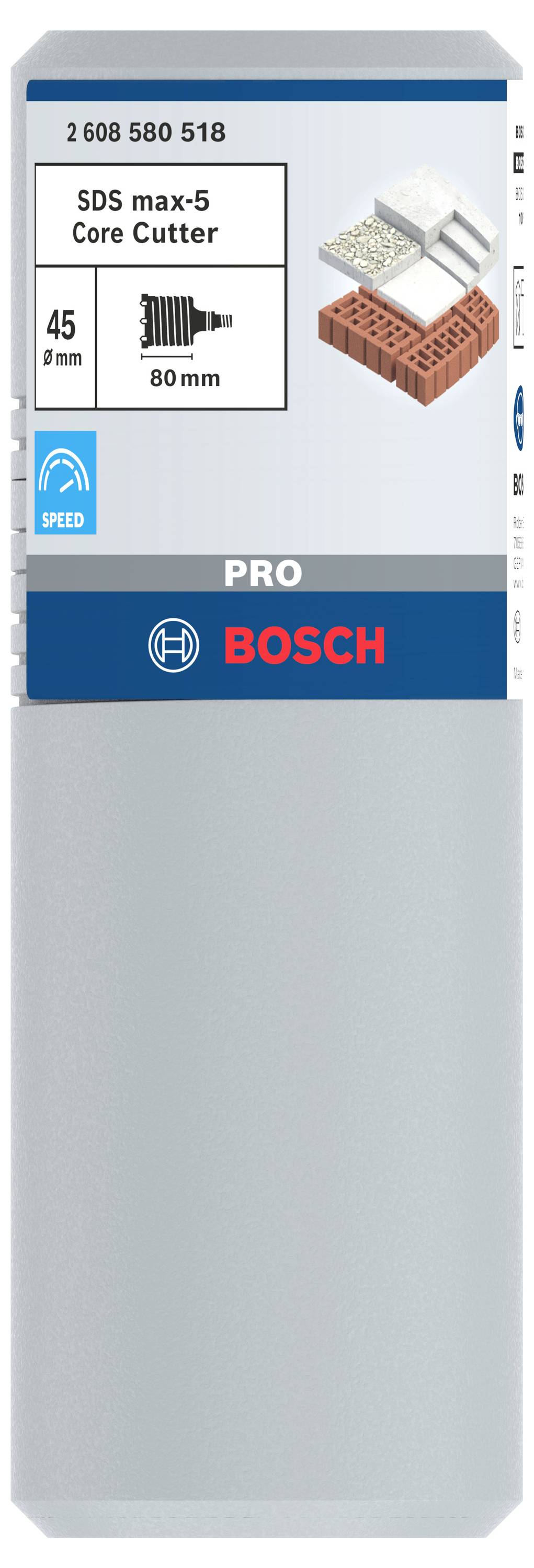 Verpackung eines Bosch SDS max-5 Kernbohrers, Durchmesser 45 mm, Länge 80 mm. Geeignet für Beton und Ziegel. Geschwindigkeitssymbol.