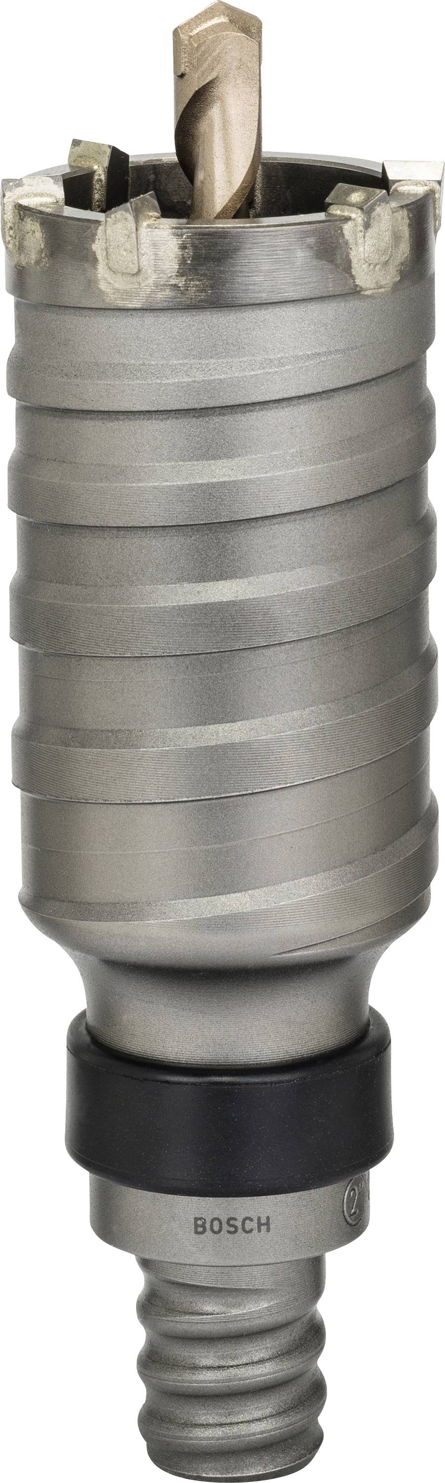 Silberner Bohrer mit spiralförmigen Rillen, geeignet zum Bohren in Beton oder Stein. Markenname unten eingraviert.