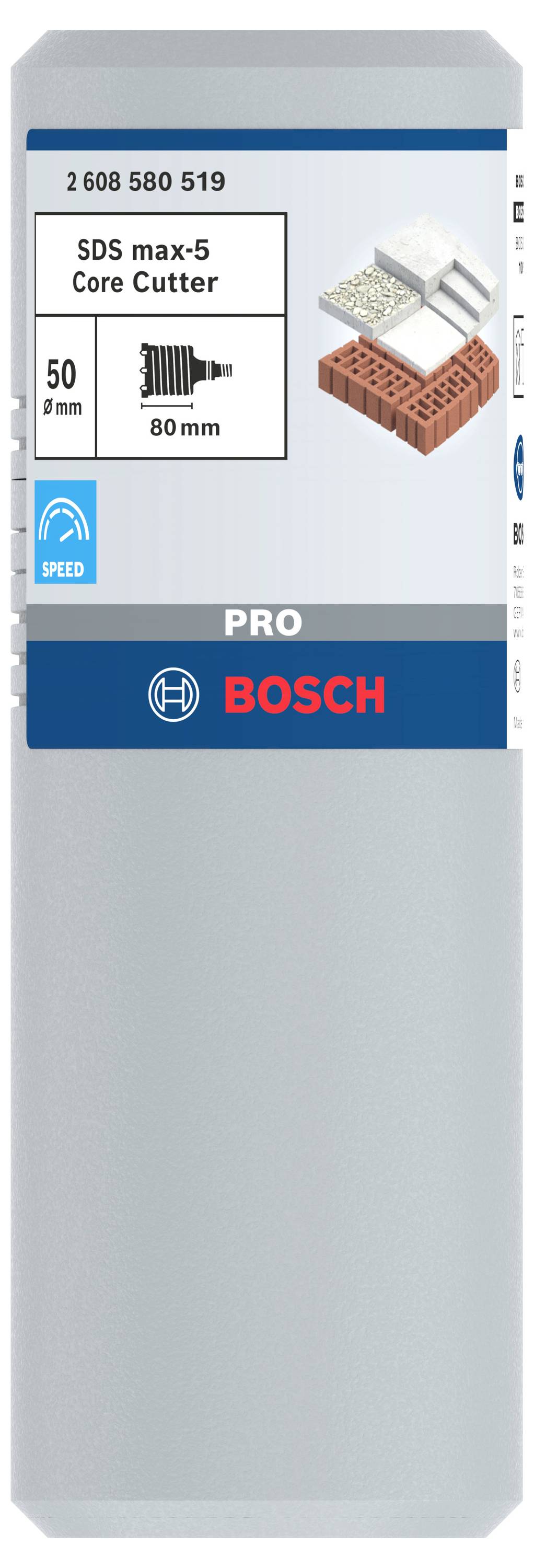 Packung eines Bosch SDS max-5 Kernbohrers, 80 mm Durchmesser, für Mauerwerk, zeigt Bild von Bohrer und Mauerwerksblöcken.
