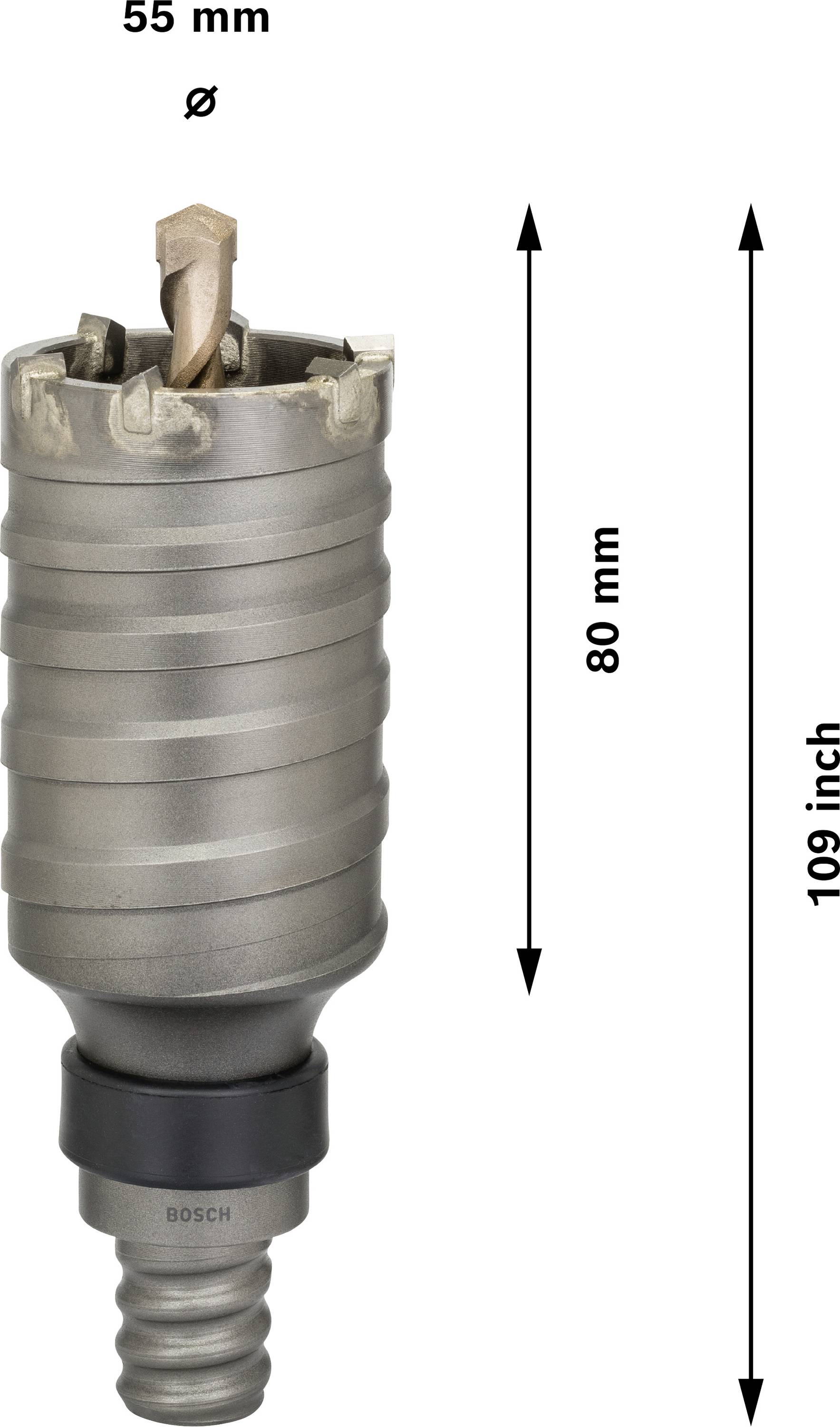 Bohrkrone mit 55 mm Durchmesser und 80 mm Länge, Marke Bosch, geeignet zum Bohren in Mauerwerk, zeigt Längen- und Durchmesserangaben.